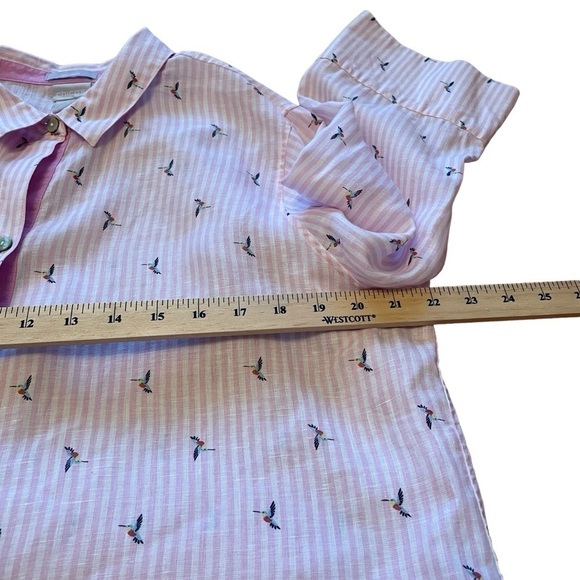 Chico's Linen Pink White Stripe Hummingbird 3/4 Sleeve Button Down Size 2/Large - Picture 8 of 13